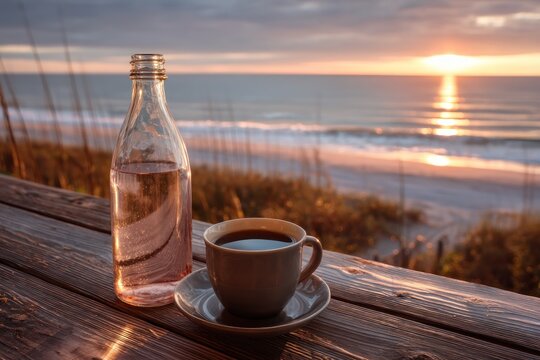 Coffee cup and water bottle on a table sunset - Powered by Adobe
