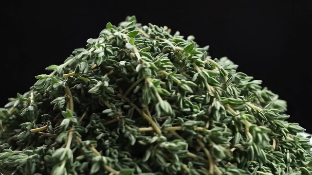 Aromatic fresh thyme herb against a black background.