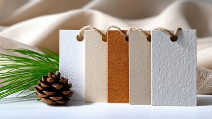 Close-up shot of blank tags with string, a pinecone, and a sprig of pine needles on a white surface, with a natural fabric background. Soft lighting.