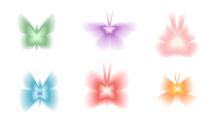 Colorful y2k butterflies icons with gradient blur and vivid aura effect. Pink, green, and purple insect symbols for summer design. Vector set of minimal butterfly shapes isolated on white background.