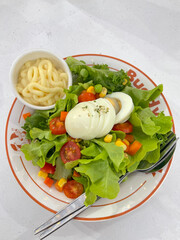 
Salad with egg. Tasty healthy vegetables salad with micro greens on wooden table.  