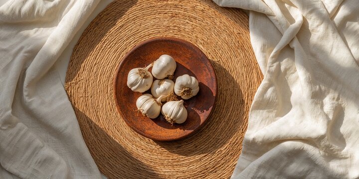Garlic cloves spread on a clay dish placed on a straw mat for culinary preparation, emphasizing natural ingredients