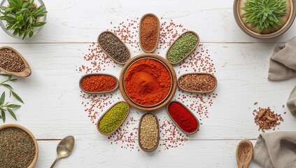 Kitchen table with spices and dry herbs used for flavoring, suitable as a background for culinary layout