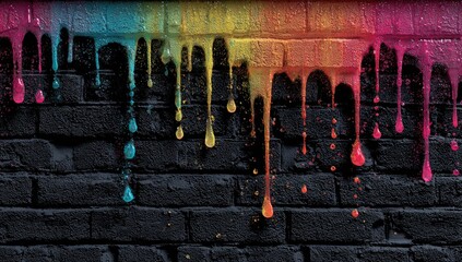 A dark brick wall with vibrant rainbow-colored drips flowing down the surface
