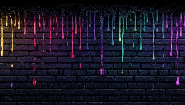 Dark brick wall with colorful, dripping paint effect creating a vibrant artistic background