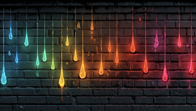 A dark brick wall adorned with vibrant, dripping paint-like teardrops in a spectrum of colors