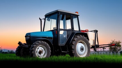 Fototapeta premium Tractor spraying pesticides in a green field at sunset agricultural machinery natural environment