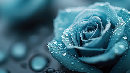 Close-up of a blue rose covered in water droplets, creating a moody and serene atmosphere.