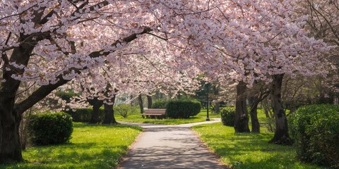 Cherry blossom branches shading a path on a sunny day used as a background for text or layout, spring seasonal theme