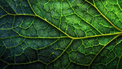 Fototapeta premium Detailed macro view of a vibrant green leaf, showcasing intricate vein structure and texture
