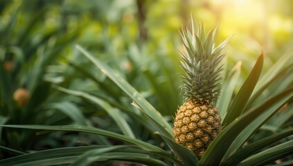 Obraz premium Pineapple plant thriving in a tropical garden setting during summer, emphasizing sustainable farming practices