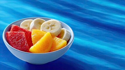 A bowl filled with slices of banana, orange, and grapefruit against a blue background.