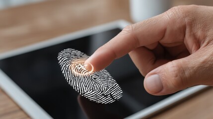 Fingerprint authentication process digital device technology modern office close-up security concept