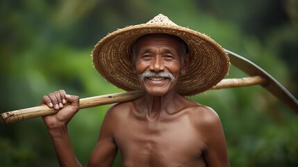 Smiling Farmer with Conical Hat and Scythe on Shoulder
