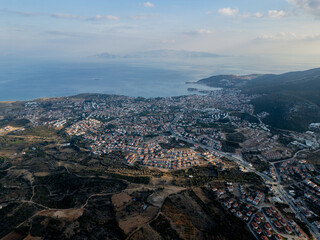 Obraz premium Datça, Turkey aerial drone view – coastal town, sea, and mountains panorama