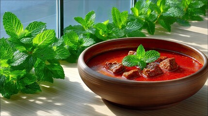 A bowl of red soup with meat and fresh mint leaves, set on a wooden table near a window. The scene is lit by natural light.