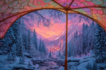 Snow-covered landscape scene framed within a colorful, stained-glass umbrella, glowing sunset