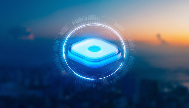 Technological Beacon: A futuristic glowing device hovers against a blurred city background. It embodies the essence of innovation and forward-thinking.
