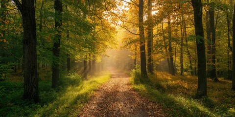Obraz premium Summer forest scene with vibrant green foliage and colorful autumn leaves, emphasizing seasonal transition, Earth Day