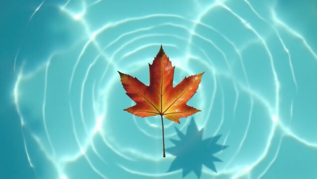 Autumn leaf floating on rippling turquoise water surface