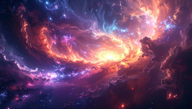 Cosmic Symphony - A Vibrant Nebula Painting with Swirling Colors and Celestial Light.