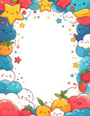 Fototapeta premium A playful border made from kawaii doodles—smiling stars, happy clouds, tiny fruits, sparkles—surrounding the edges. Center is bright white for clean text placement.