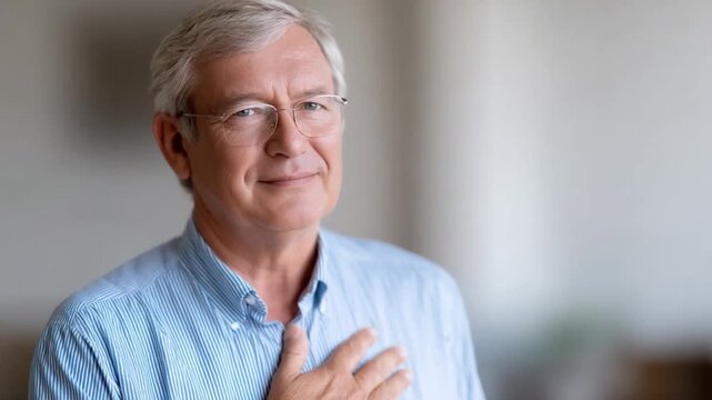 This video features a man showing his heartwarming smile. His gesture suggests deep thought and connection. Perfect for inspiring content or emotional storytelling. AI