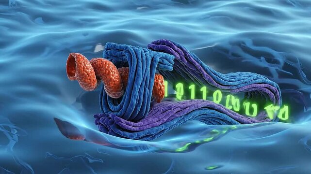 Molecular Data Processing A Chromosome Segment Animated In Blue And Purple With Orange Helix Structure And Glowing Binary Code In Microscopic Fluid Medium - Powered by Adobe