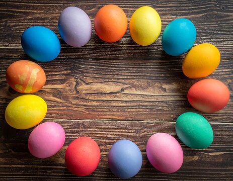 Colorful Easter Eggs Arranged in a Circle on Wood. - Powered by Adobe
