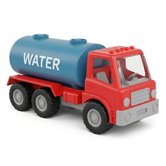 Red and Blue Toy Water Tanker Truck on White Background.