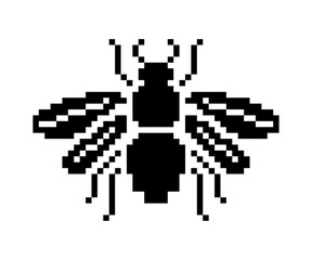 Black pixel art bee icon in retro 8bit style. minimalist insect silhouette.