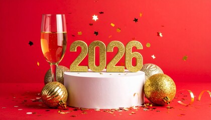 Festive New Year scene with golden “2026” digits on white circular platform, surrounded by gold ornaments, scattered confetti, and champagne glass, set against vibrant red celebratory background.
