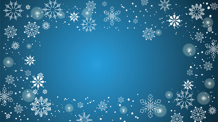 Blue gradient background with random snowflakes around the rectangle vector stock illustration
