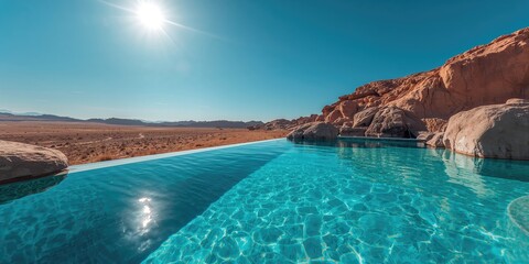 Equipped swimming pool in desert, designed for leisure and recreation in arid environments
