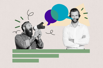 Obraz premium Trend design 3D collage of young man operator headphones customer support service guy talk loudspeaker chat dialog communication speech