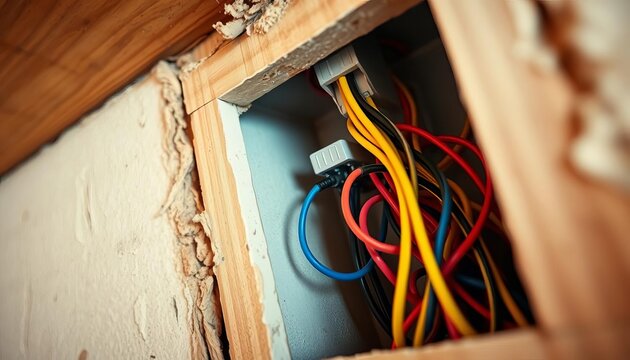 Close-up of electrical wiring in a wall cavity,   upgrade,   maintenance