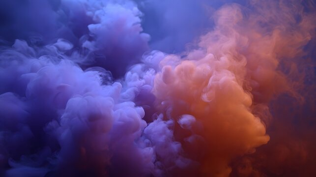 Abstract swirling clouds of purple and orange smoke create a dynamic ethereal background