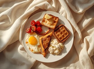 Sunlit Gourmet Breakfast Plate on Soft Fabric Background