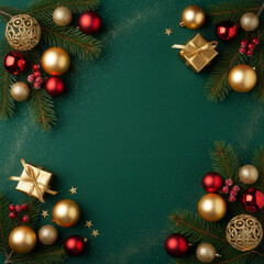 Elegant Christmas background with fir branches, red ornaments, and golden glitter on a dark green surface. Perfect holiday layout with copy space.
