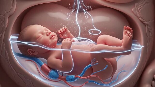 Newborn Fetus Gestating Inside Uterus With Umbilical Cord And Watery Amniotic Fluid Illuminated By Blue Electric Energy