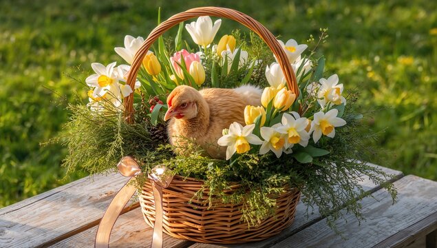 Easter basket containing a live chicken and flowers, symbolizing springtime renewal