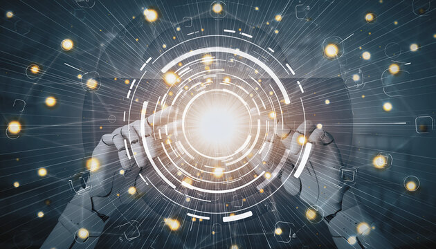 Digital Innovation: A futuristic depiction of advanced technology featuring robotic hands interacting with an illuminated, interconnected network, symbolizing progress.