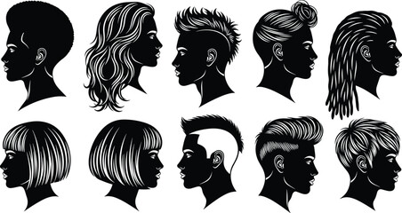 Silhouette, hairstyle, afro, dreadlocks, mohawk, bob cut, pompadour, braids, side profile, diversity, texture, black and white, illustration, edgy, modern, creative, fashion, hair d