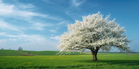 Fototapeta premium Flowering cherry trees in Latin Prunus cerasus with vibrant sky, seasonal bloom and landscape background