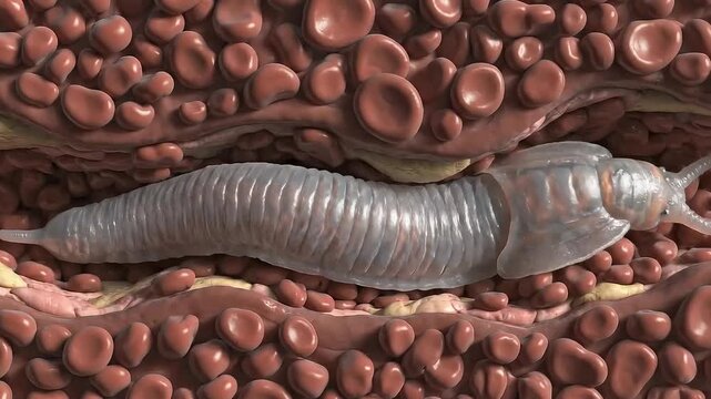 Parasitic Worm Moves Through Human Intestine Surrounded By Red Blood Cells Medical Illustration