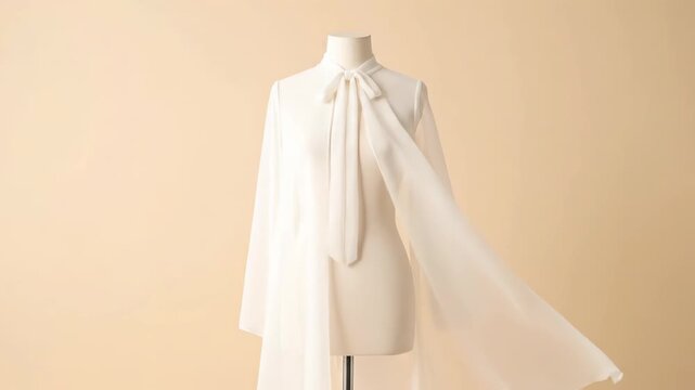 A fashion sketch transforms into an elegant white dress on a mannequin. The flowy fabric and high-low hem create a sophisticated design.