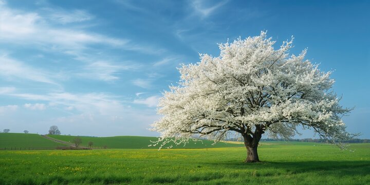Flowering cherry trees in Latin Prunus cerasus with vibrant sky, seasonal bloom and landscape background