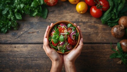 Hands grasping a fresh vegetarian salad bowl with raw vegetables in the background, emphasizing nutritious meal preparation