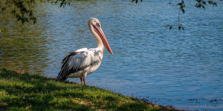 Australian pelican resting on grass against a blue sky background, emphasizing bird conservation awareness