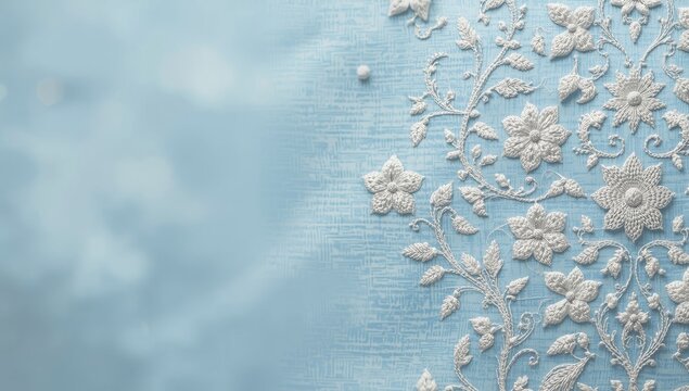 White thread embroidery with floral motifs in Lucknowi Chikan highlights traditional craftsmanship, suitable for cultural textile preservation